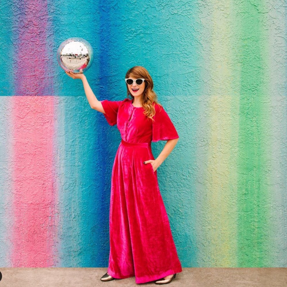 Emily & Fin Hot Pink Velvet Jumpsuit